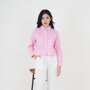 QUEENTIN Kemeja Wanita Crop 0653 Katun Polymicro Motif Salur Lengan Panjang