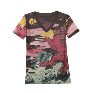 REHIN Womens top Summer fashion mesh printed short-sleeved T-shirt V-neck Korean stylish with floral pattern design slim fit S-3XL blouse