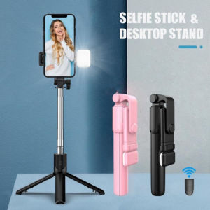 OWTWO พับเก็บได้ ไม้เซลฟี่ พร้อมไฟเติม บลูทูธ ที่วางขาตั้งกล้องขนาดเล็ก  พร้อมรีโมทชัตเตอร์ ที่วางโทรศัพท์มือถือ สำหรับ หัวเว่ย/Xiaomi Xiaomi/IPhone iPhone สตรีมมิ่งถ่ายภาพสด