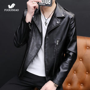 Fuguiniao 2019 New Fashion Mans Autumn Winter Black Faux Leather Jackets Zipper Basic Coat Turn-down Collar Biker Jacket With Blet