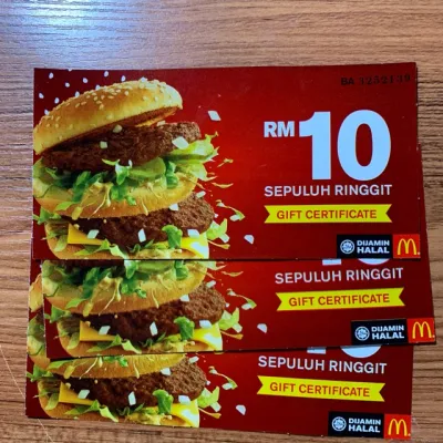 可在全马Mcd当现金使用的McD Voucher 代金券 5pcs*RM10 (Total RM50) 2027exp