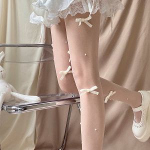 YUCHEN Vintage Party Breathable Lolita Velvet Comfortable Ultra-thin Pantyhose Female Stockings Women Bow Tights Pearl