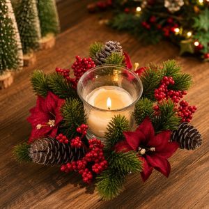 Perfect Mom and Baby Mladen Christmas Candle Wreath Candle Holder Red Berries Pine Cone Multi Use Home Party Decor