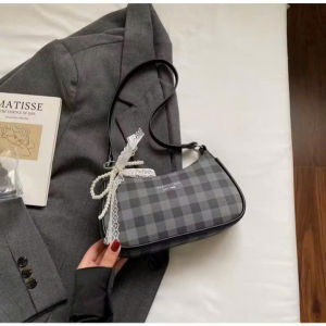 Túi kẹp nách nữ túi đeo vai họa tiết kẻ ô tặng kèm dây nơ ngọc dễ thương HĐ 334