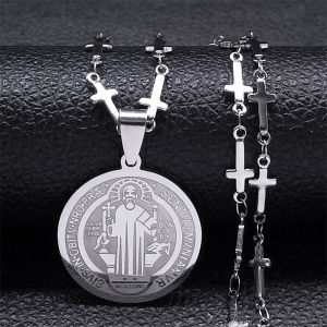Ly eagle Vintage St. Benedict CSPB Necklace Cross Chain Stainless Steel Non-fading Round Catholic Double Blessing Pendant Jewelry