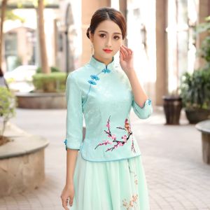 FE2024 Summer New Embroidered Cheongsam Improved Hanfu Republic of China Style Tang Suit Shirt Daily Girl plus Size Top