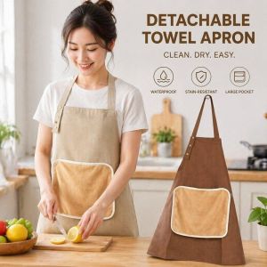 Kitchen Cooking Apron With Detachable Towel Pocket Waterproof Wipeable Canvas Adjustable Work
