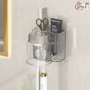 Smile😊พร้อมส่ง💯 ชั้นวางแปรงสีฟันไฟฟ้า อเนกประสงค์ ใส่ยาสีฟัน ที่ใส่แปรงสีฟัน แบบติดผนัง ชั้นวางแก้ว แบบไม่เจาะ