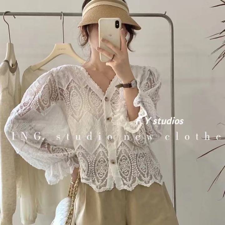 𝙁.𝙔 𝙨𝙩𝙪𝙙𝙞𝙤𝙨 🌸(พร้อมส่ง‼️)🌸เสื้อลูกไม้ น่ารักๆ เสื้อแขนยาวคอV ลายดอก ...
