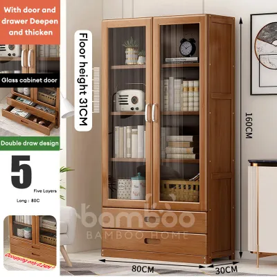 Bamboo Bookshelf With Door And Drawer Storage Cabinet Multi layer Bookshelf Filing Cabinet Display Cabinet Living Room Storage Rack 书柜/文件柜