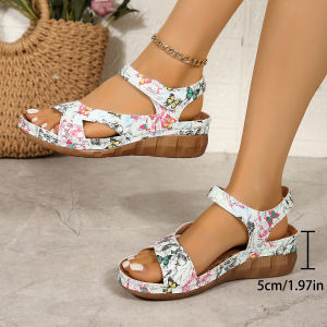 Free Shipping Plus-Size WomenS Shoes Featuring A Magic Strap Design Lightweight And New Styles Of Floral-Patterned Thick-Soled Fashionable Sandals