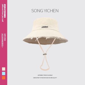 JACQUEMUS Hyuna Spring Summer Same Style Drawstring Lace-Up Metal Letter Canvas Raw Edge Sunshade Sunscreen Bucket Hat