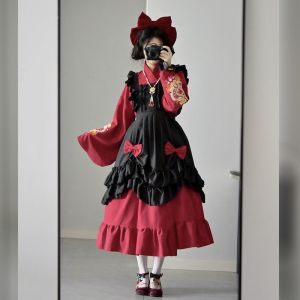 daidai (Ready Stock) Women Hanfu Lolita Maid Red Dress Cosplay Costume