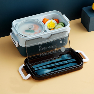 304 Stainless Steel Lunch Box with Soup Bowl Double Layer Bento Box Spoon Fork Chopstick Student Workers Food Storage 304不锈钢双层保温饭盒 Bekas Makanan dengan Mangkuk Sup