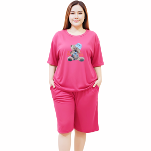"Setelan Wanita Jumbo Ld 130 Cm Bahan Babyterry halus dan Nyaman Baju One Set Kaos Wanita Kekinian Bear Topi