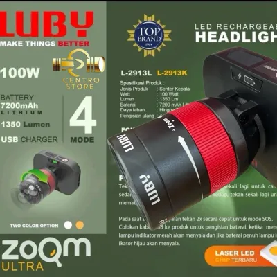 LUBY L-2913L Senter Kepala Zoom Ultra LED 100W CAHAYA PUTIH Baterai 7200mAh Tahan Hingga 72 Jam 1350 Lumen USB Charger 4 Mode