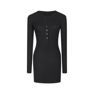 HEALMEYOU Simple Black Bodycon Dress Long Sleeve V-neck Women Tight Dress Fashion Buckle Slim Fit Short Dress Women