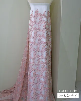 Embroidered Lace on Poly Pina Base Fabric with Rhinestone Beads in Peach and Aqua for Womens Clothing PER YARD