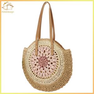 Round Summer Straw Bag with Zipper Closure Beach Shoulder Bag with Color Collision Vacation Bag Holiday Travel Handbag