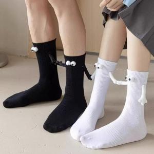 Tiktok Funny Couples Holding Hands Socks Magnet Stereoscopic Doll Cute White Black Cotton Hold Hands Stocking