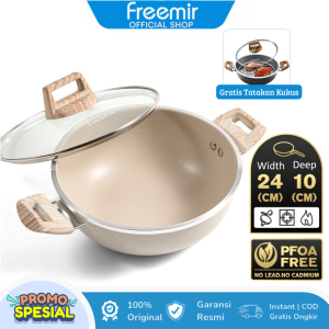 freemir Wajan Panci Double Bottom Induksi 24cm Kedalaman 10cm Marble Coating Anti Lengket Tutup Kaca