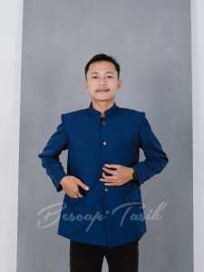Jasko Biru Dongker Wol Novus Baju Muslim Pria Jas Koko Polos Saku Depan Merek Bescap Tasik