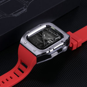 【Free Film】Luxury Case Fluororubber Strap + Case For Apple Watch Series 8/7 45mm For Apple Watch SE 6 5 4 44mm Rubber Band Modification Kit strap + case smart watch Bracelet