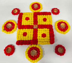 Pompom & Metal Rangoli Décor Set | Handmade Red Yellow Floral Tealight Holder for Diwali Pooja Festive Decoration & Gifting