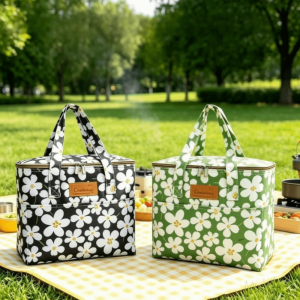 CWIE1 Oxford Fabric Floral Print Insulated Bag Large Capacity Waterproof Thermal Tote Square Design Portable Food Carrier Outdoor