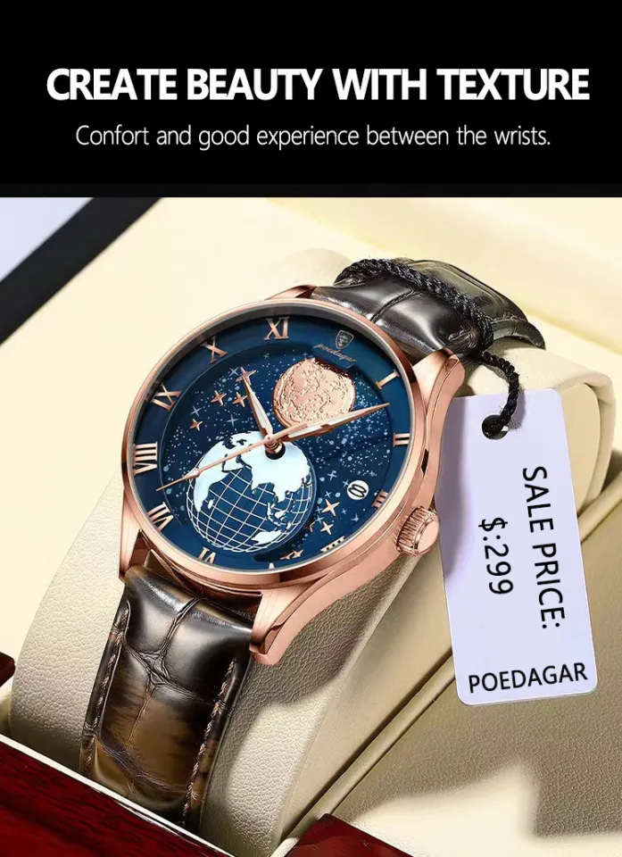 POEDAGAR men casual watches original waterproof genuine leather ultra-thin  starry sky earth design roman dial wristwatch brown blue