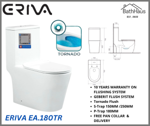 ERVIA EA 180TR Rimless Tornado Toilet Bowl with Gebert System - 10 Years Warranty - Tornado Flush - S-Trap 150MM/250MM - P-Trap 180MM - Free Pan Collar & Delivery