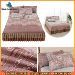 Vktech 3pcs Ice Silk Bedding Set with Ruffle Bed Skirt and Pillowcases Elegant Home Decoration Cool and Breathable Fabric