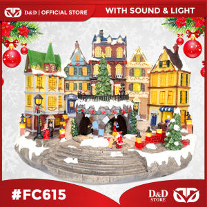 D&D FC615 Christmas Village Miniature House Decorations Snowy Scene with Santa and Christmas Trees 31cm x 38cm x 20cm