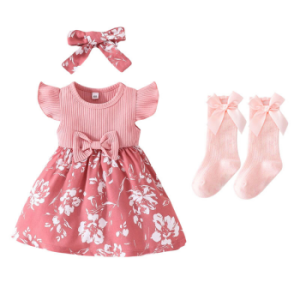 Newborn Clothes Baby Girl Dress Red Set With Headband Shoes Socks Floral Short Sleeve For 1 Year Old
