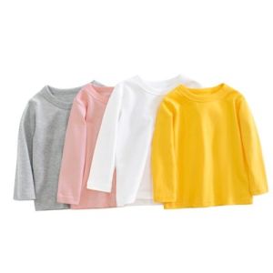 เด็กแขนยาวเสื้อยืดฉบับภาษาเกาหลีผ้าฝ้ายหลวมเด็กวัย หัดเดิน สีทึบ หญิง สีลูก อมแขน สีชมพู สีขาว สีเทา สีเหลือง สีดำ สีเขียว สีส้ม สีฟ้า 1-9 ปี