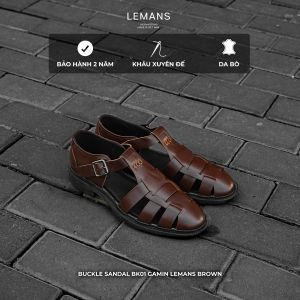 Dép rọ Da bò Buckle Sandal nam Lemans màu Nâu BKN01.2 - đế Mckay cao 2.2cm - bảo hành 24 tháng