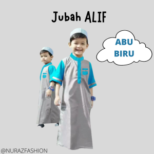 Baju Jubah Anak Laki-Laki Model ALIF Lengan Pendek - Koko Gamis Usia 1-14 Tahun Bonus Peci