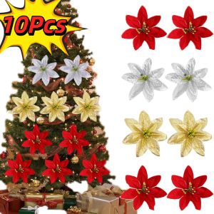 14cm Christmas Flowers Glitter Artificial Poinsettia / Xmas Tree Ornaments DIY Garlands / Home Wedding Party Decorations