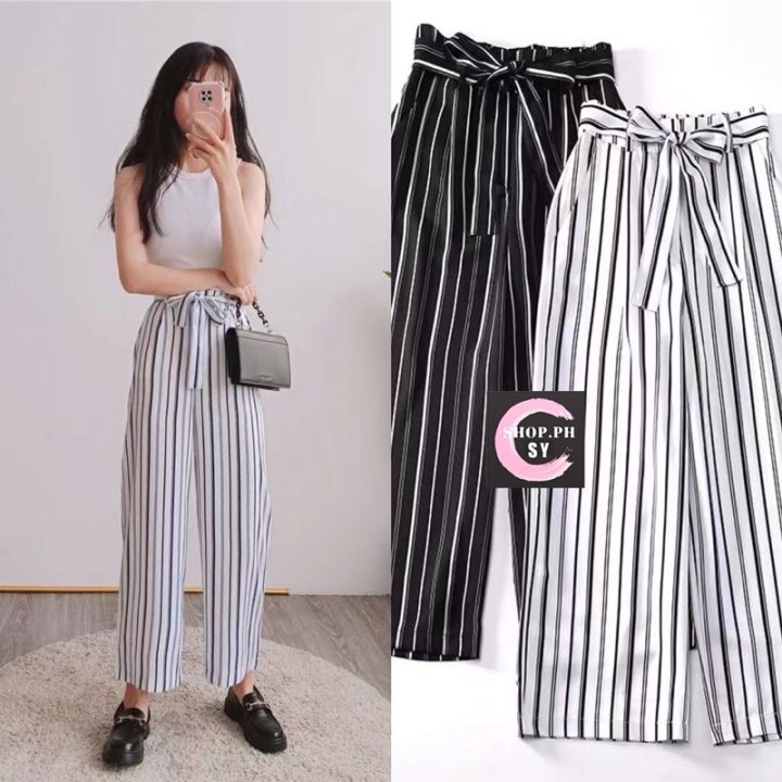 Black and white striped square pants on sale