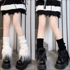 Y2k Girl Furry Patch Calf-length Foot Cover Lolita Gothic Women Street Casual Knit Leg Warmer Korean Fashion Long Socks