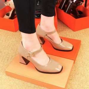 Free Shipping Brand-Name Genuine Leather Shallow-Toe Pumps For Women Spring Collection With A Single Strap Chunky Heel Square Toe And Black Patent Leather Finish