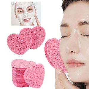 RETAO 10 Pieces Pink Cosmetic Puff Heart Shaped Natural Face Washing Cleansing Sponge Compressed Sponge Portable 7mm Makeup Remover Tool Travel