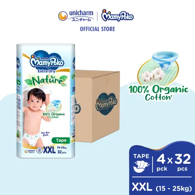 [Pre Order] MamyPoko Extra Dry Nature Tape Baby Diapers XXL32 (4 packs) (15-25kg) | 100% Organic Cotton