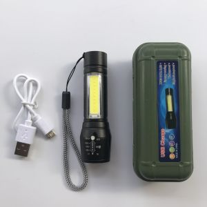 Portable LED Flashlight with USB Charging COB Side Light Zoom Focus 3 Light Modes Mini Torch with Cable and Strap