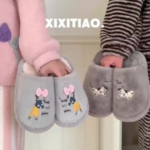 XIXITIAO 2025 New Comfortable Home Cotton Slippers with Bowknot and Polka Dot for Girls Indoor Furry Shoes for Women Winter