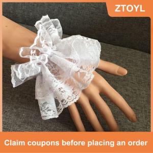 【ZTOYL】 โลลิต้าที่รัดข้อมือแขนสั้นลายดอกไม้สีดำมีระบายสร้อยข้อมือยางยืดสำหรับผู้หญิงที่สง่างามถุงมือฮาโลวีนลูกไม้สั้น