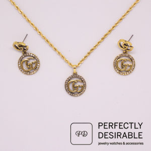 Womens Classic G Trending Fashion Versatile 18k Gold Pendant Necklace And Earring Set With Rope Chain.