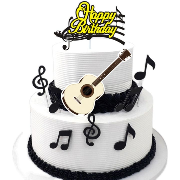 Happy Birthday Cake Topper With Music Notes - Golden Black Silver Acrylic Decoration