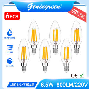Genixgreen LED 6 Packs E14 220V Edison Light Bulb 6.5W LED Candelabra Bulb Chandelier C35 Candle Light Bulb800lm 2700K Warm White，LED bulb for home