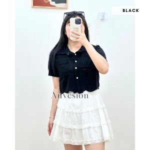6311 Inha Button Collar Knit Crop Top Blouse Atasan Wanita